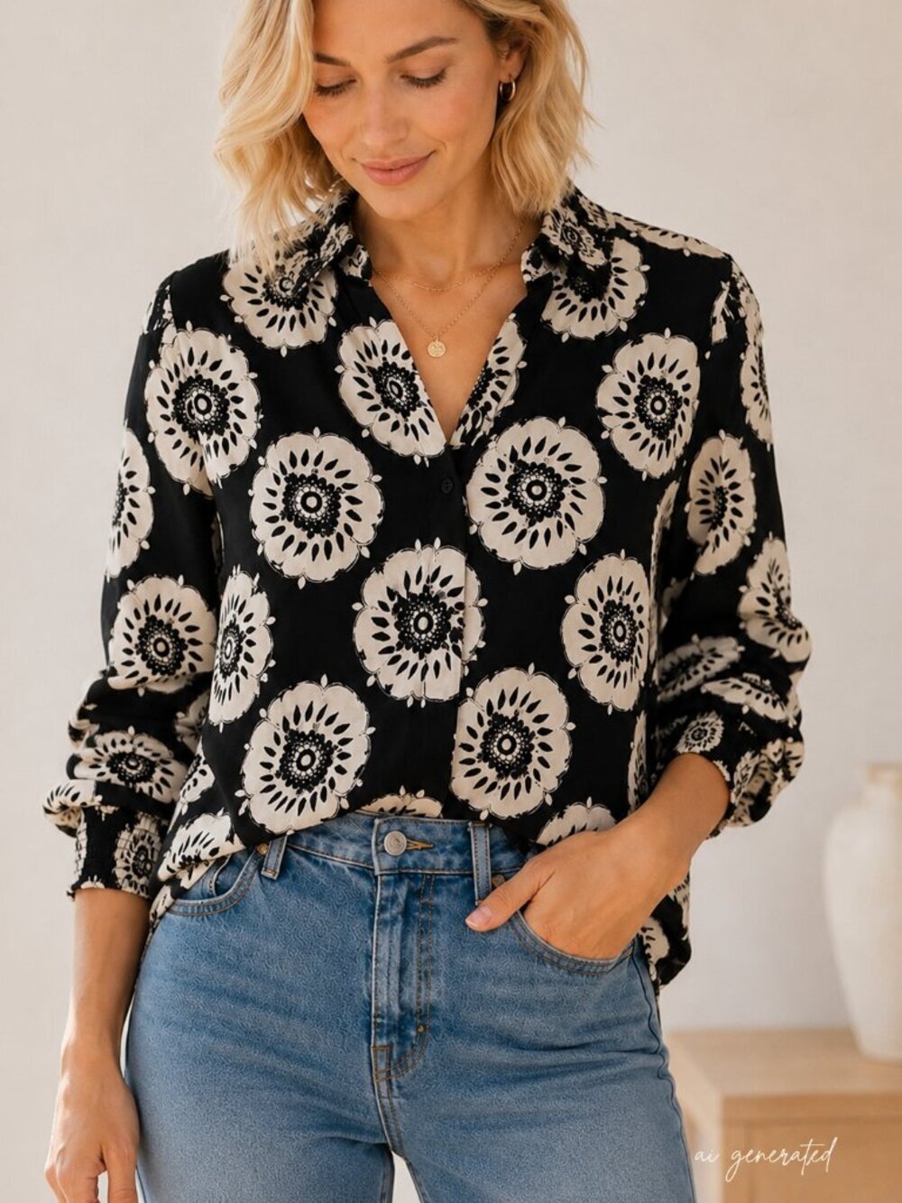 Fifteen Twenty Medallion Floral Button Down Long Sleev Blouse Black Cream Size M